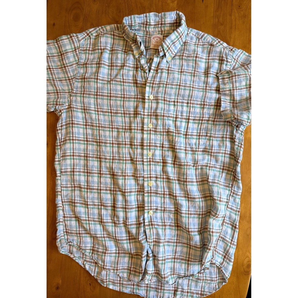 Brooks Brothers 346 Men Medium Linen Short Sleeve Button Down Plaid Shirt 426